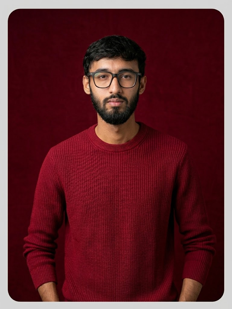 Portrait of Hamza Raza wearing glasses and a dark red sweater
